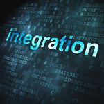 Glowing integration text over code background